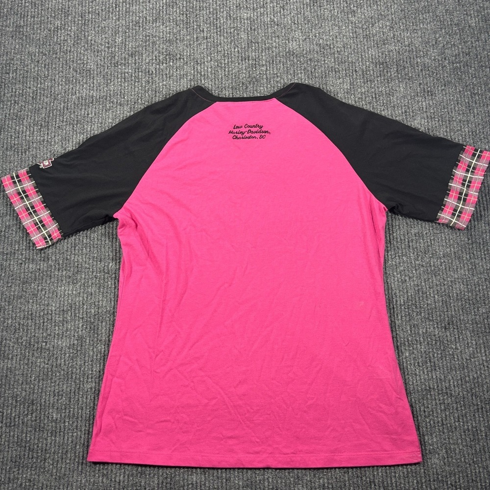 Harley Davidson Baseball T V Neck Shirt Women XL Pink Embroidered Charleston SC - Picture 9 of 13